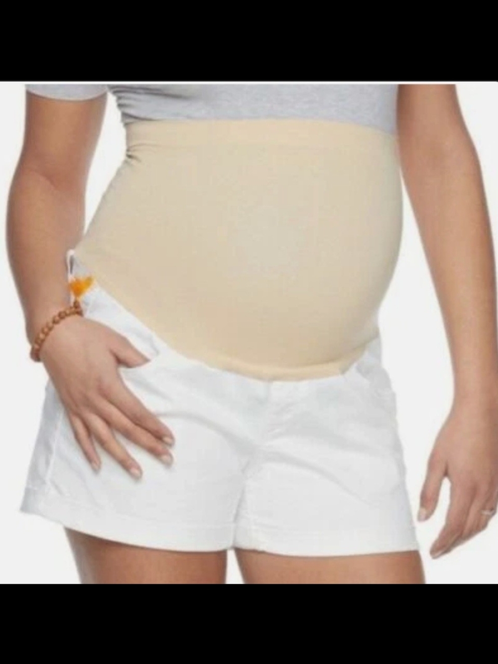 a:glow Maternity Cuffed Boyfriend Jean Shorts in White with Cream Panel Size 14
